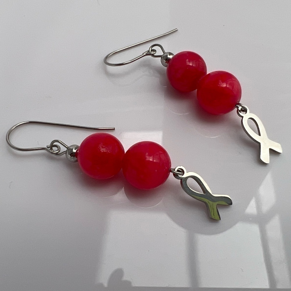 Pink Jade Awareness Ribbon Dangle Earrings - Picture 11 of 11